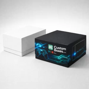 Two large square rigid boxes, one plain white and one with dark blue console graphics.