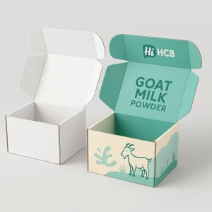Custom mailer boxes- one blank white and one with a teal goat illustration and branding