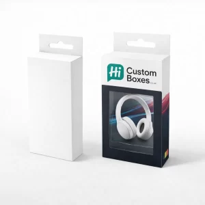 Two headphone boxes with hanging tabs- including a version featuring a clear plastic window displaying headphones