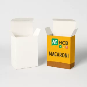 Two upright cardboard boxes with open lids- one plain white and one with yellow branding