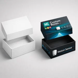 High-quality 3D rendering of open white and branded black lid-style motion sensor packaging.