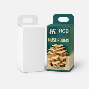 Two tall boxes with handles- one white and one green showing mushrooms through a window