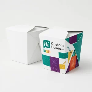 Two tall noodle boxes- one plain white and one with colourful geometric patterns and branding