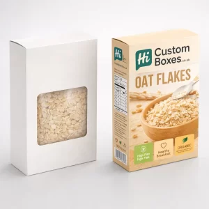 Custom cardboard oat flakes packaging featuring a transparent window cutout to display the natural product inside.