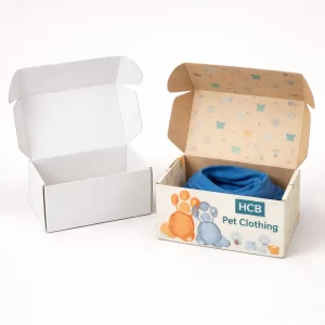 Two open vertical cardboard boxes, one minimalist white and one with vibrant colourful pet-themed printing.