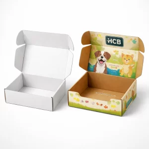 Two open vertical cardboard boxes, one minimalist white and one with vibrant colourful pet-themed printing.