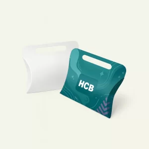 Pillow gift boxes with handles- one is white and one features a modern teal pattern
