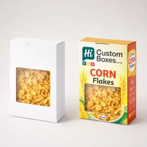 Eye-catching cereal boxes with a rectangular die-cut window and custom high-quality printing for retail display.