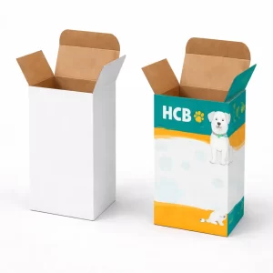 Two open vertical cardboard boxes, one plain white and one with vibrant pet-themed printing and branding.
