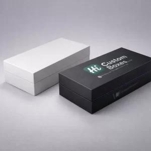 Minimalist black and white rigid gift boxes for electric trimmers with premium matte finish branding.