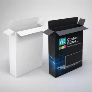 Vertical tuck-end boxes for laptops, featuring a blank white version and a black version with graphics.
