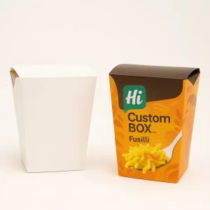 Two tapered pasta boxes- one plain white and one printed with an orange fusilli design