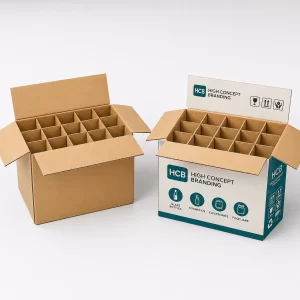 Two corrugated shipping boxes with multi-cell cardboard inserts, one plain kraft and one with branding.
