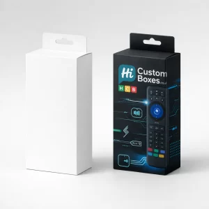 Two retail boxes with hanging tabs, one plain white and one black showing a remote control.