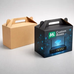 Realistic 3D render of a plain kraft and a branded black cardboard gable handle box.