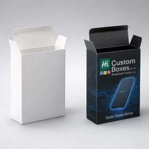 3D render showing an open white tuck-top box and a branded black SSD cardboard box.
