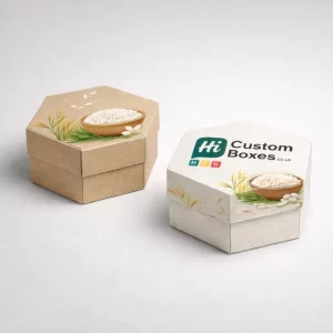 Two hexagonal cardboard boxes with lids, featuring high-quality printed illustrations of rice bowls and green stalks.