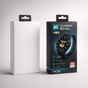 A plain white hanging retail box next to a black printed box featuring a smartwatch.