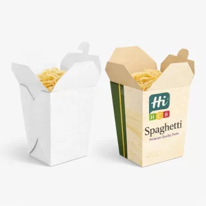 Two open tapered takeaway cartons- one white and one branded- filled with cooked spaghetti pasta