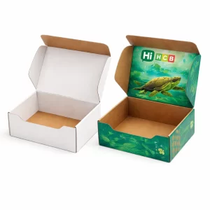 Two premium flip-top magnetic boxes, one blank white and one branded with green turtle illustrations.