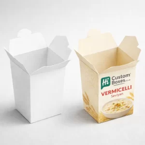 Custom cardboard gable-top boxes for vermicelli showing a white version and a colourful branded retail version.