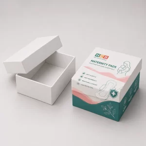 Two tall cardboard boxes, one blank and one decorated with pink flowers and brand information.