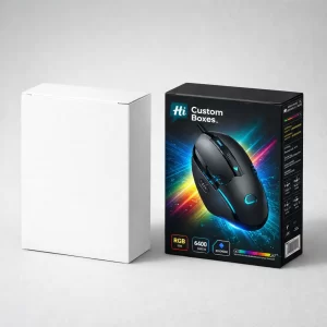 A plain white vertical box next to a premium black box with colourful RGB mouse illustrations.