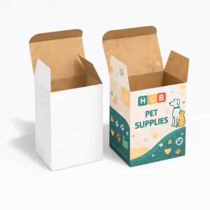 Two vertical tuck-top boxes, one plain white and one with a teal and cream pet-inspired pattern.