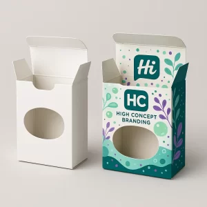 White- opened- and assembled colourful die-cut display soap boxes are shown on a grey background