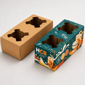 Two white retail cartons with cutout windows, one plain and one featuring custom green branding.