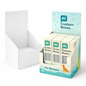 Two cardboard retail display units- one empty white and one filled with branded pet shampoo boxes