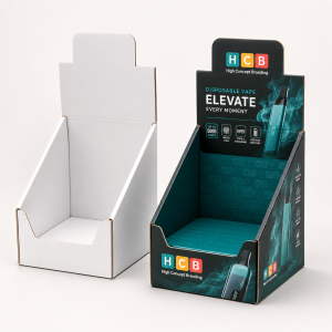 Open-front retail display boxes for packaging and showcasing disposable vapes.