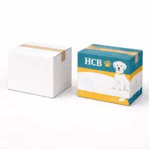Two square shipping cartons, one plain white and one printed with a sitting dog and teal accents.