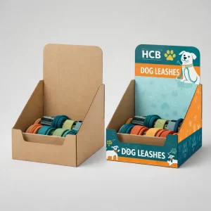 Dog Leash Counter Display Boxes.webp Image ALT: Cardboard counter display boxes for retail, featuring a dog illustration and HCB branding with colourful leashes.