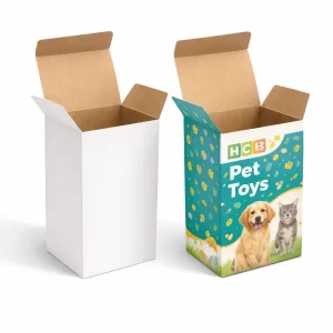Two open corrugated mailer boxes, one plain white and one featuring vibrant pet-themed illustrations and logo.