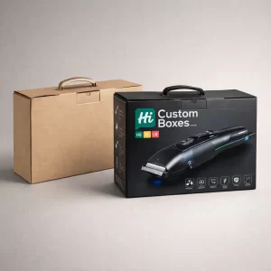 Large cardboard carry boxes with handles featuring high-quality printed graphics for professional electric hair clippers.