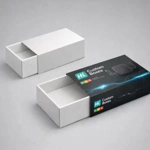 Two rectangular slider boxes, featuring one plain white drawer and one black branded outer sleeve.