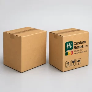 Two sealed brown corrugated cardboard shipping boxes, one plain and one featuring custom printed branding.