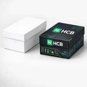 A plain white rectangular box next to a premium black box featuring green branding and icons.