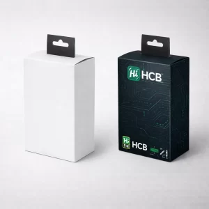 Tall rectangular packaging boxes in white and dark grey, featuring a black hanging tab for retail.