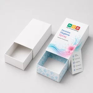 An open and closed version of blue floral branded boxes designed for feminine hygiene sprays.