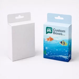 Two shallow white boxes with lids, displaying a professional blue wave and orange fish pattern.