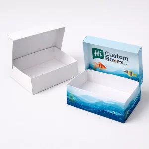 Two tall cardboard tuck-top boxes, including one branded version with aquatic-themed graphics and icons.