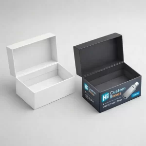 Open rectangular gift boxes in plain white and branded black for secure USB drive shipping.