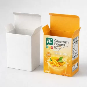 Professional retail tuck-end boxes featuring vibrant mango drink mix branding and detailed nutritional information panels.