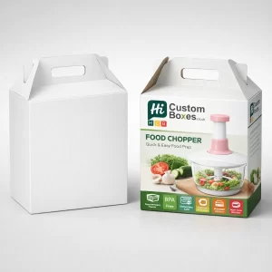 Gable-top cardboard boxes with integrated handles, featuring a pink food chopper and fresh vegetable imagery.