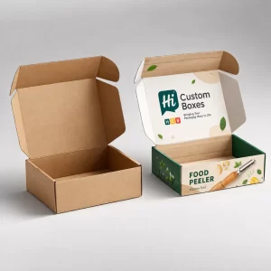 A brown corrugated mailer box shown alongside a branded version featuring a food peeler illustration.