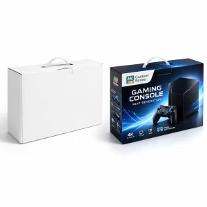 Two large rectangular boxes with carry handles, featuring a plain white and a branded version.
