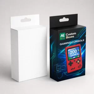 Two hanging retail boxes, featuring one plain white version and one with red handheld graphics.