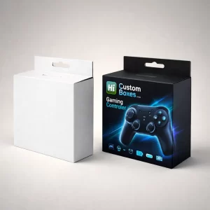 A plain white hang-tab box next to a black retail box featuring gaming controller graphics.